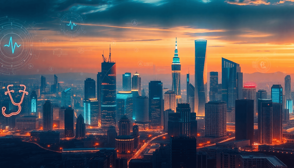 A futuristic cityscape featuring circuit patterns and digital interfaces, with symbols of healthcare, finance, and law subtly integrated, conveying...