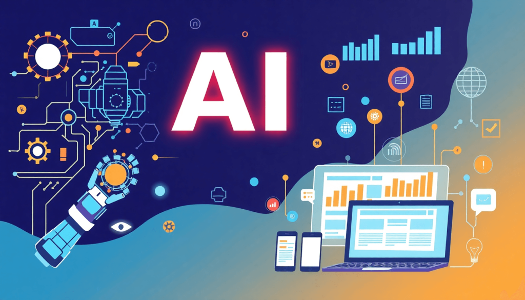 A modern illustration of AI marketing automation featuring circuit patterns, data analytics graphs, gears, robotic hands, and digital devices displ...