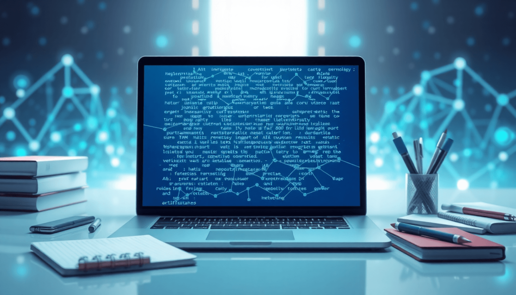 A modern workspace with a laptop displaying AI-generated text, surrounded by notebooks and pens, set against a backdrop of abstract digital element...