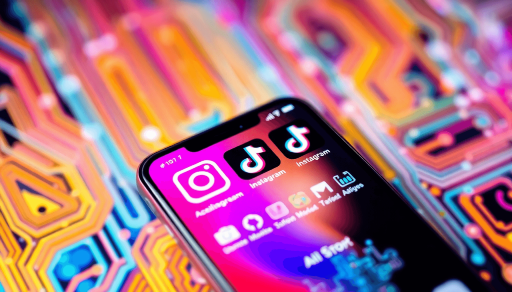 A smartphone with social media apps like Instagram and TikTok, surrounded by abstract AI algorithms and colorful digital patterns, symbolizing inte...