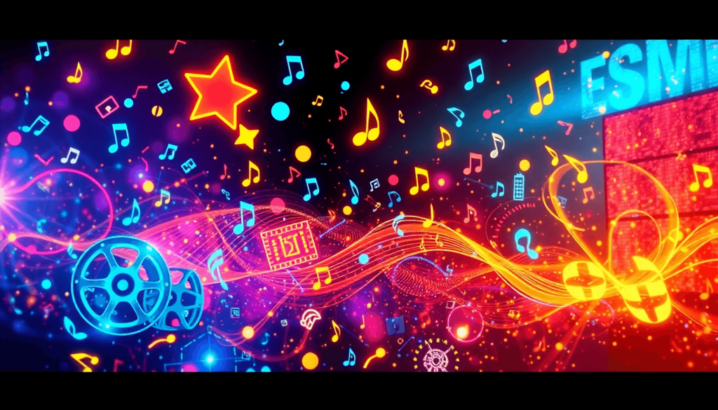 A vibrant digital artwork showcasing the entertainment industry with film reels, music notes, and storytelling symbols, enhanced by futuristic AI m...