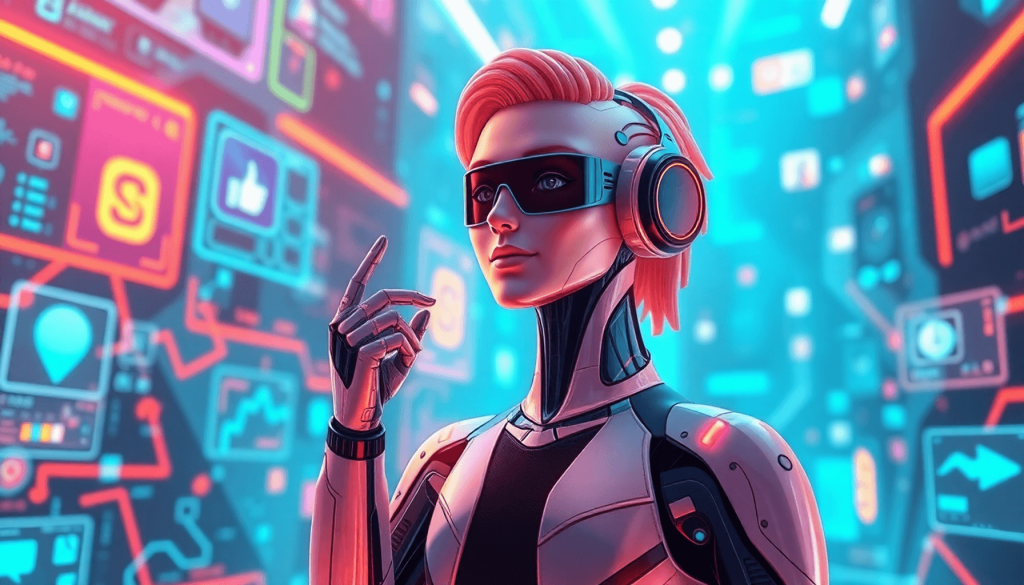 A vibrant digital landscape with a sleek AI influencer avatar in a dynamic pose, surrounded by social media icons and colorful tech-inspired screens.